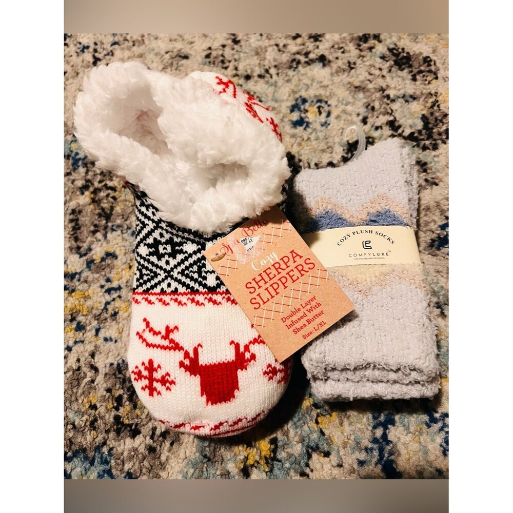 Cozy Sherpa Slippers L/XL + Plush Cozy Socks Bundle NEW